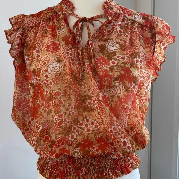 Rachel Zoe Orange Chiffon Floral Metallic Flutter Blouse with Smocked Hem – US M - Picture 2 of 8